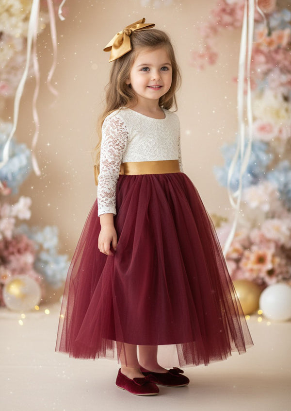 toddler girls tulle and lave V-Back flower girl dress in burgundy