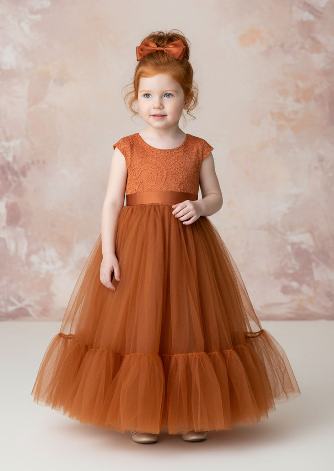 burnt orange toddler flower girl dress for modern and boho wedding themes