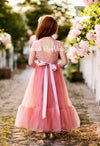 Sleeveless Ruffle Hem Coral Tulle & Lace Flower Girl Dress