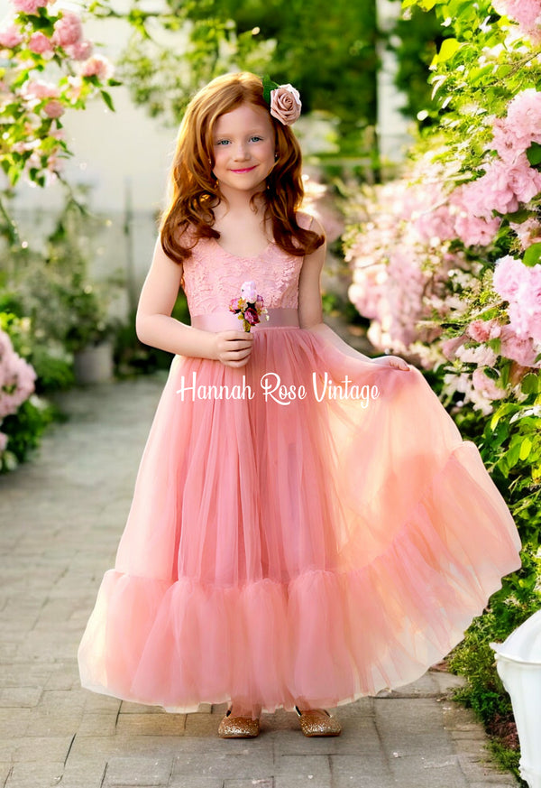 Sleeveless Ruffle Hem Coral Tulle & Lace Flower Girl Dress