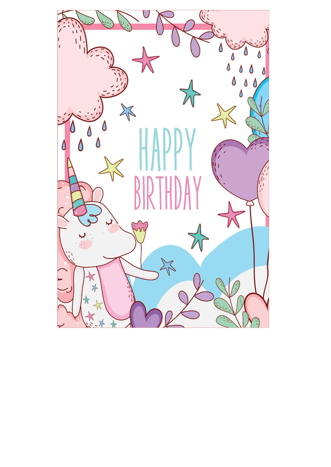 Cartoon unicorn gift card with balloons and stars on a birthday card design.
