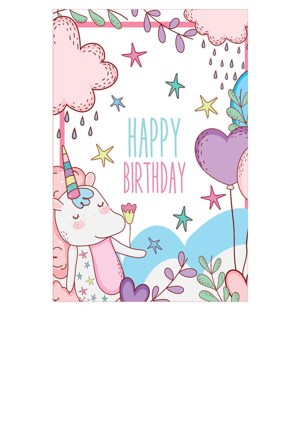 Cartoon unicorn gift card with balloons and stars on a birthday card design.