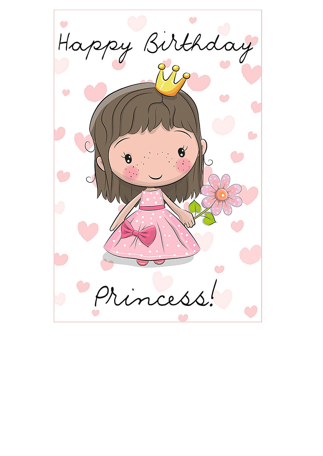 Birthday gift card with a cartoon princess holding a flower, surrounded by hearts and the text 'Happy Birthday Princess'.
