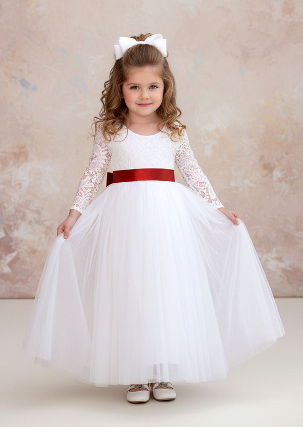 Celine Classic – White Satin Flower Girl Dress (Shown with Burgundy Sash)