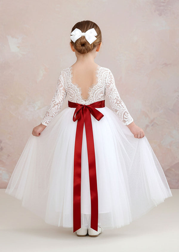 Celine Classic – White Satin Flower Girl Dress (Shown with Burgundy Sash)