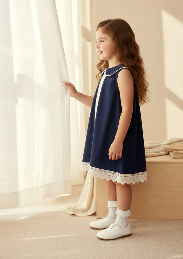 Toddler Girl Navy Lace Trimmed Shift Dress for Play or Every Day
