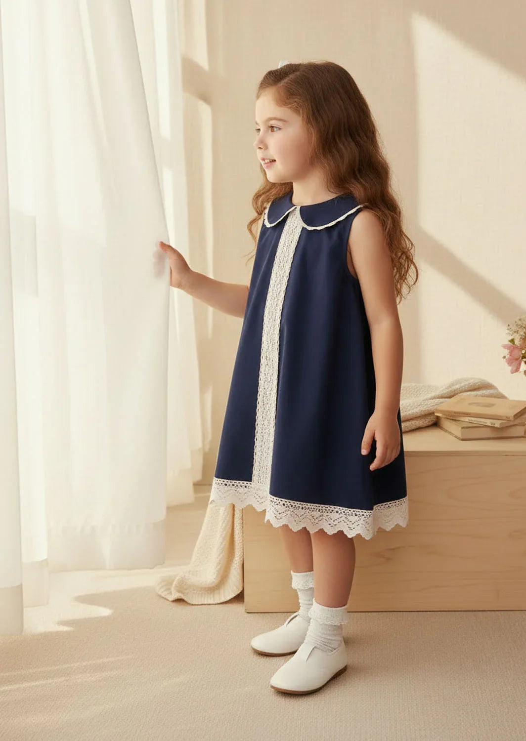 Toddler Girl Navy Lace Trimmed Shift Dress for Play or Every Day