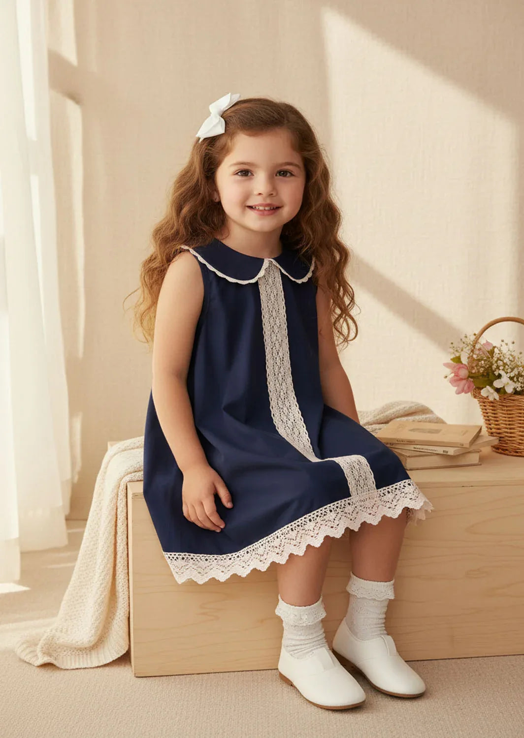 Toddler Girl Navy Lace Trimmed Shift Dress for Play or Every Day