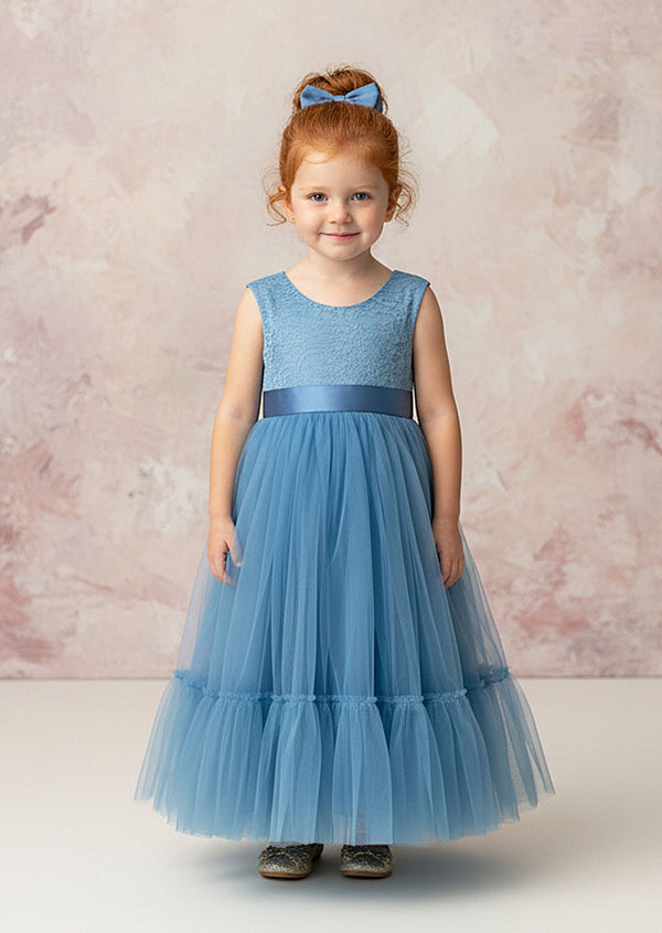 Solid Dusty blue tulle with lace bodice flower girl dress for toddlers for weddings