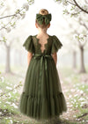 Elegant Olive Lace Tulle Flower Girl Dress  Scalloped V‑Back