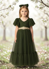 Elegant Olive Lace Tulle Flower Girl Dress  Scalloped V‑Back