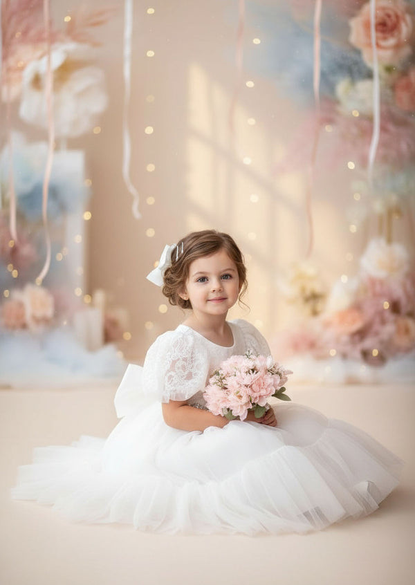 Elegant White Short Sleeve Flower Girl Dress for Classic Modern Weddings