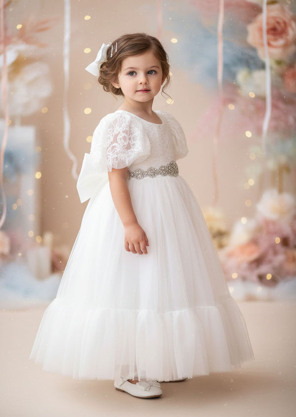 Elegant White Short Sleeve Flower Girl Dress for Classic Modern Weddings