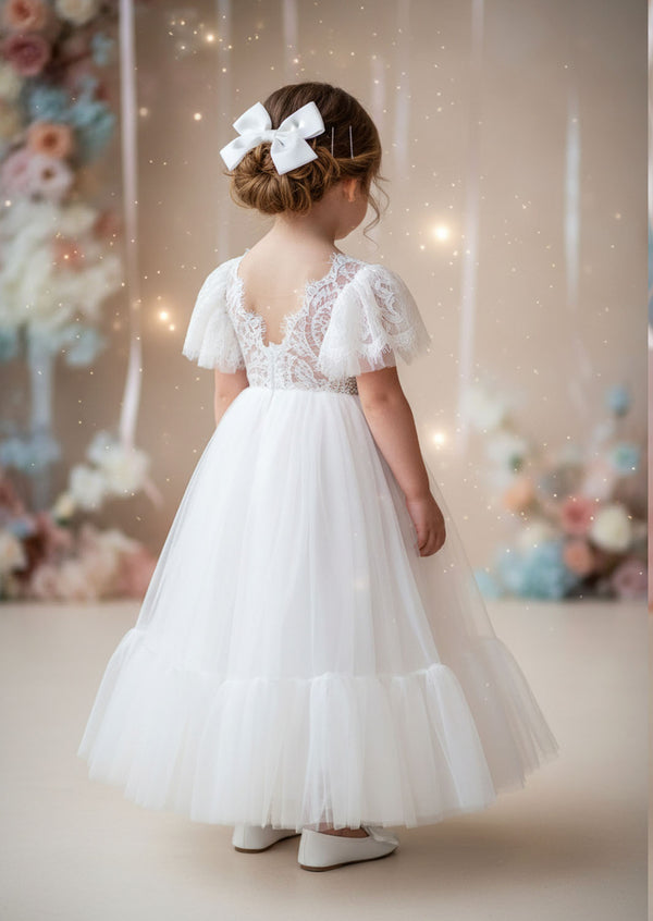 Elegant White Short Sleeve Flower Girl Dress for Classic Modern Weddings