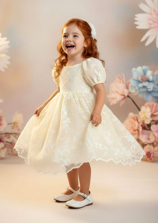 Heirloom‑style ivory lace and tulle dress for portraits and special occasions