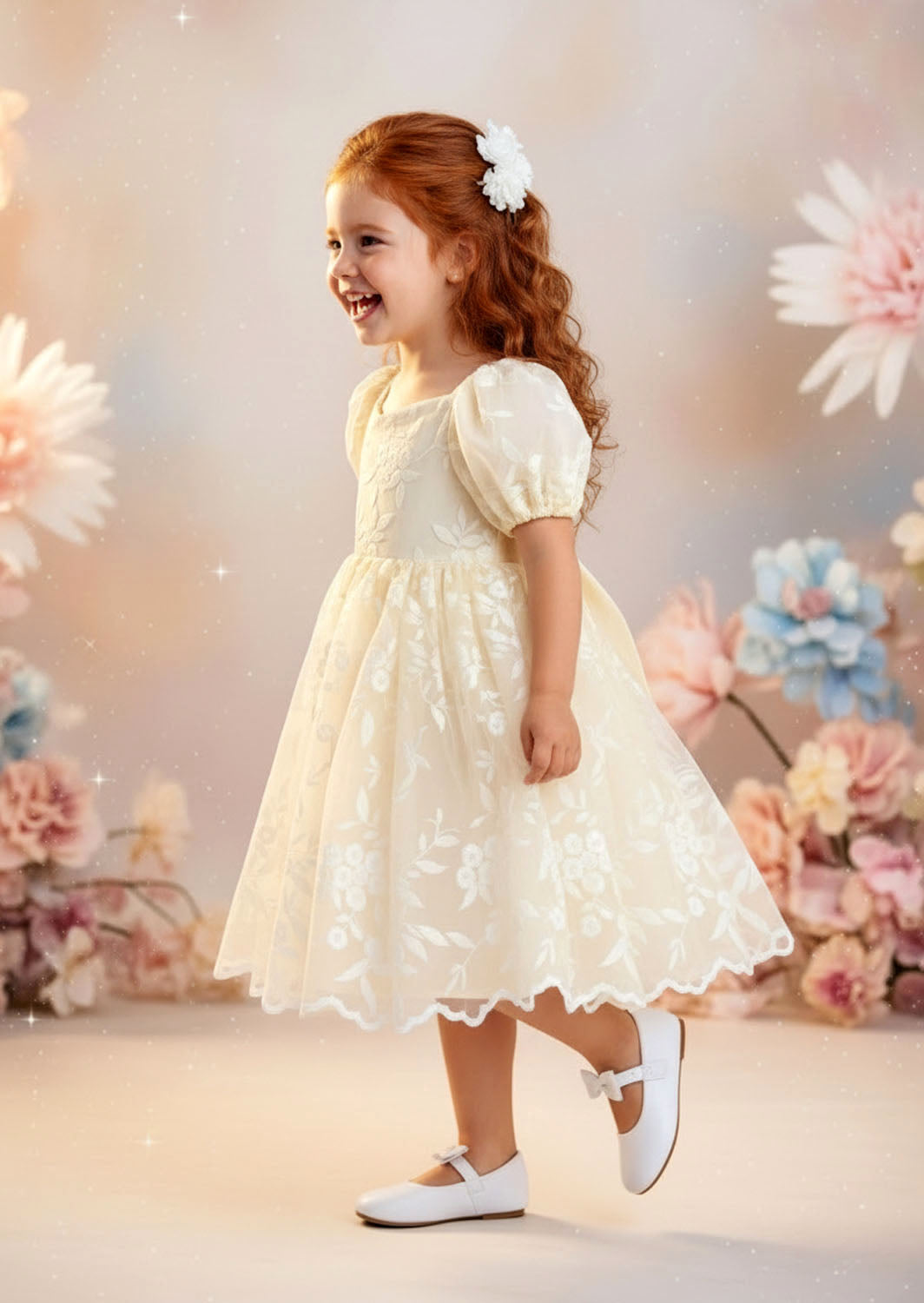 Knee‑length ivory baptism dress featuring embroidered lace and puff sleeves