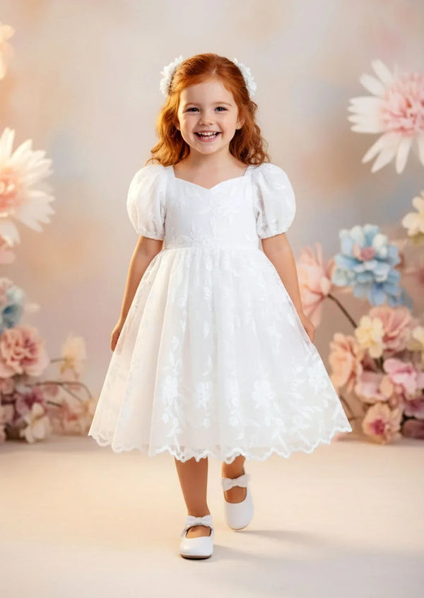 Grace Knee Length Lace Flower girl Dress in White
