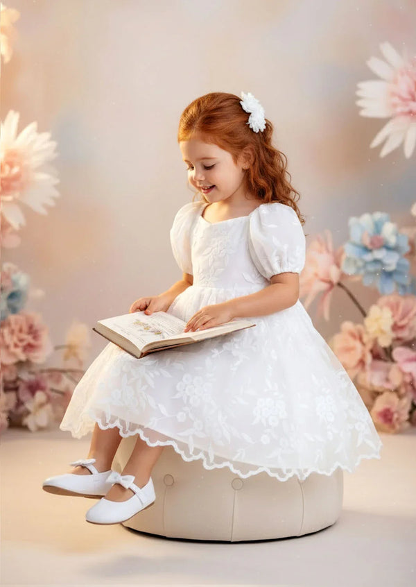 Grace Knee Length Lace Flower girl Dress in White