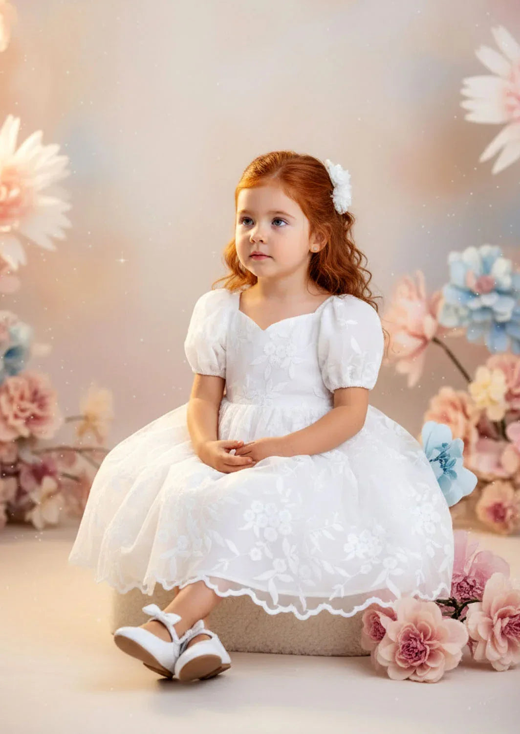 Grace Knee Length Lace Flower girl Dress in White
