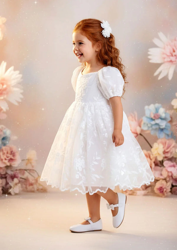 Grace Knee Length Lace Flower girl Dress in White