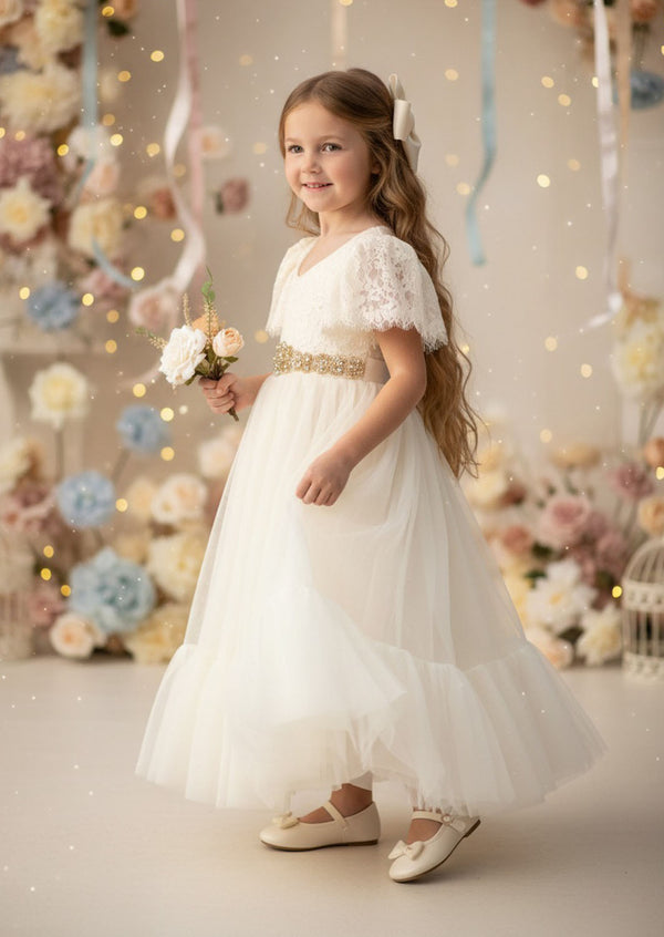 Elegant Ivory Short Sleeve Flower Girl Dress for Classic Modern Weddings