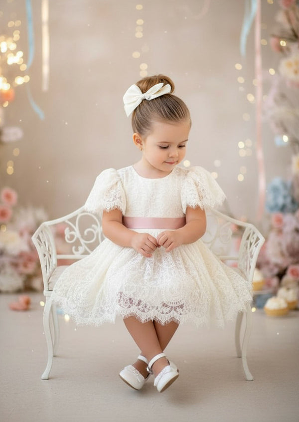 Short Sleeve Ivory Lace Flower Girl Dresses Knee Length