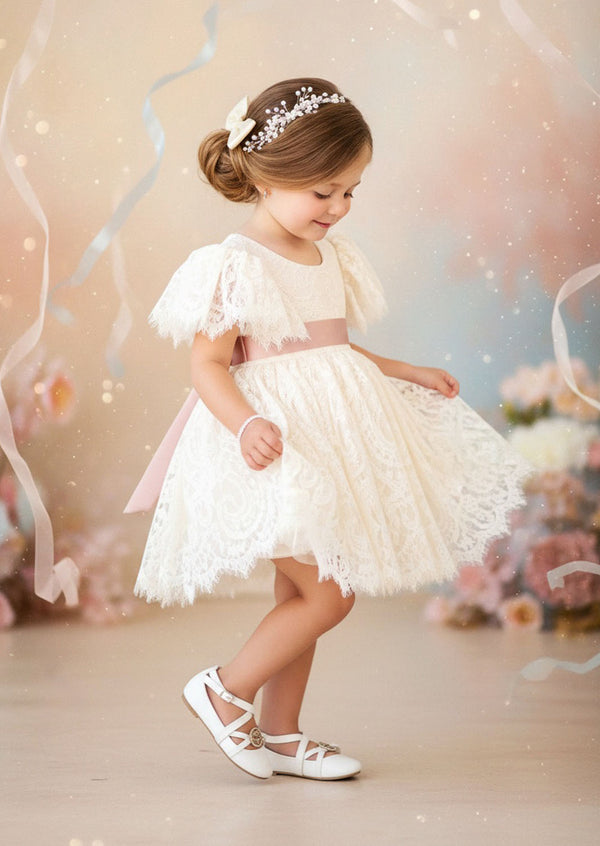 Short Sleeve Ivory Lace Flower Girl Dresses Knee Length