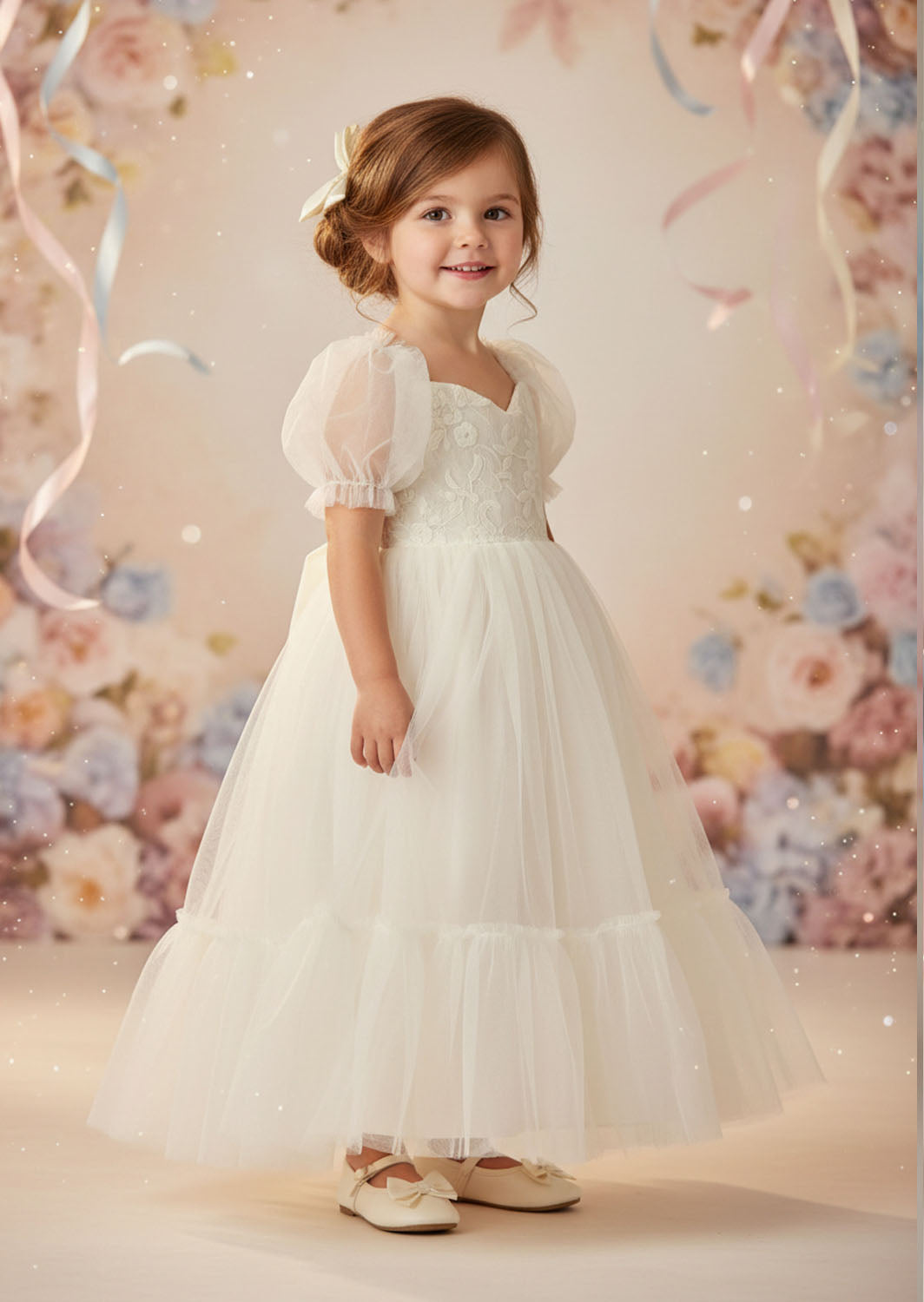 Toddler Elegant Ivory Puff Sleeve Flower Girl Dresses for Weddings & Occasions