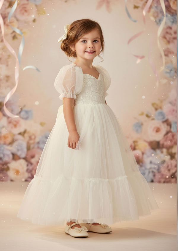 Toddler Elegant Ivory Puff Sleeve Flower Girl Dresses for Weddings & Occasions