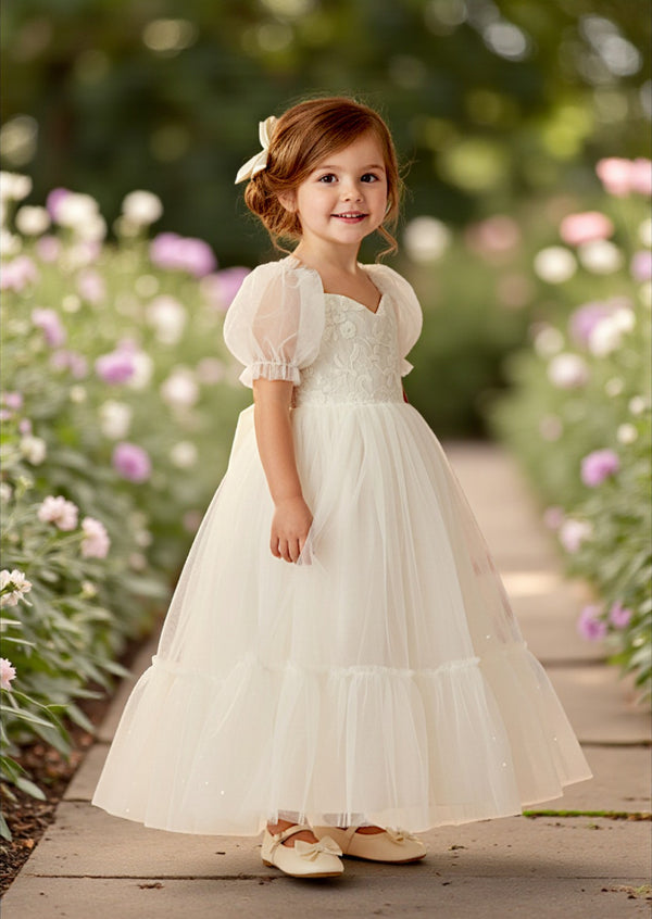 Ivory Lace Flower Girl Gown  Embroidered & Tulle