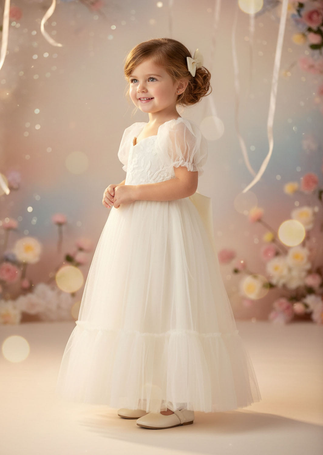 Elegant Ivory Puff Sleeve Flower Girl Dresses for Weddings & Occasions