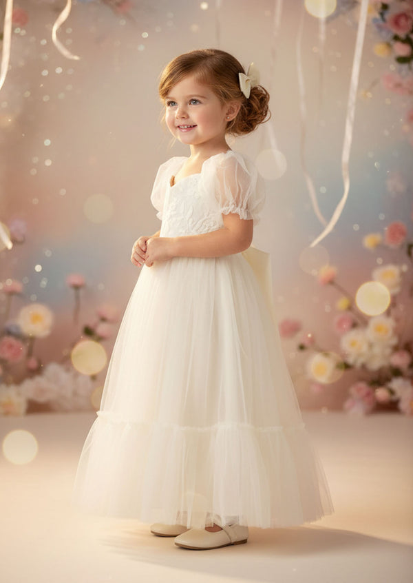 Elegant Ivory Puff Sleeve Flower Girl Dresses for Weddings & Occasions
