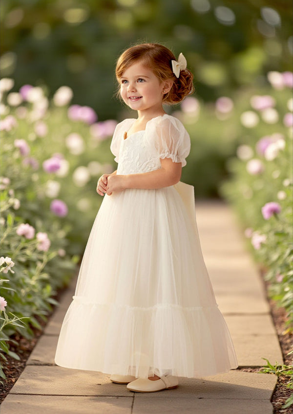 Ivory Lace Flower Girl Gown  Embroidered & Tulle