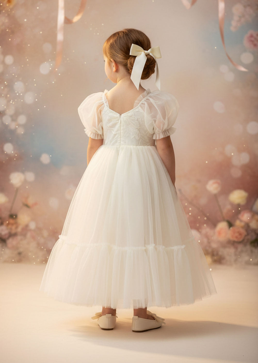 Elegant Ivory Puff Sleeve Flower Girl Dresses for Weddings & Occasions