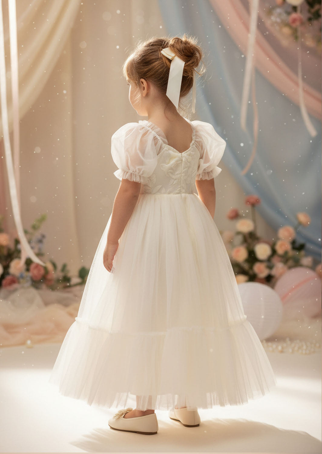 Elegant Ivory Puff Sleeve Flower Girl Dresses for Weddings & Occasions
