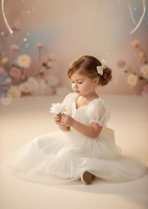 Elegant Ivory Puff Sleeve Flower Girl Dresses for Weddings & Occasions