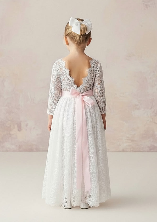 Shop our enchanting white lace dress flower girl dress blends bohemian spirit with vintage grace. Featuring sheer lace long sleeves