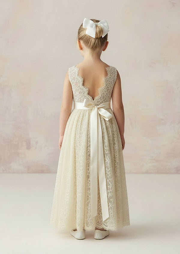 Elizabeth Sleeveless Ivory Lace Flower Girl Dress