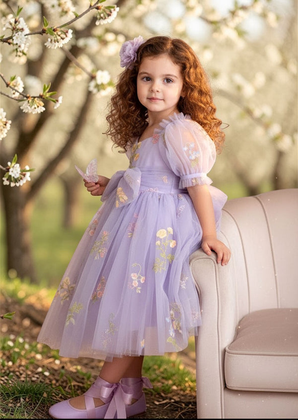 Lavender Floral Flower Girl Dress | Knee-Length Tulle
