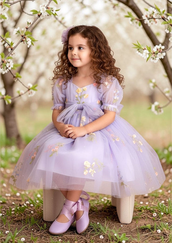 Lavender Floral Flower Girl Dress | Knee-Length Tulle
