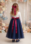 Toddler Navy Long Sleeve Flower Girl Dresses for Classic Boho Wedding Style with feathered v-Back