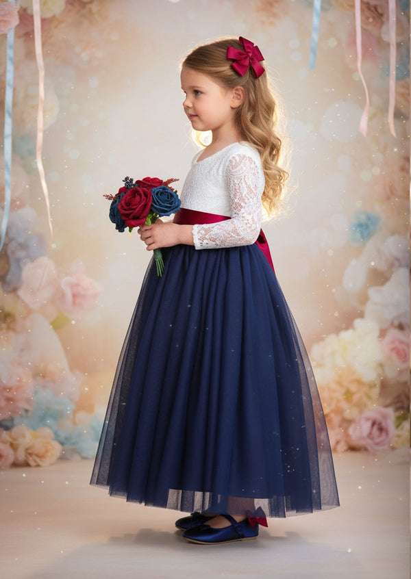 Navy Long Sleeve Flower Girl Dresses for Classic Boho Wedding Style