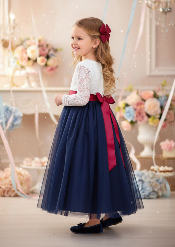 Navy Long Sleeve Flower Girl Dresses for Classic Boho Wedding Style