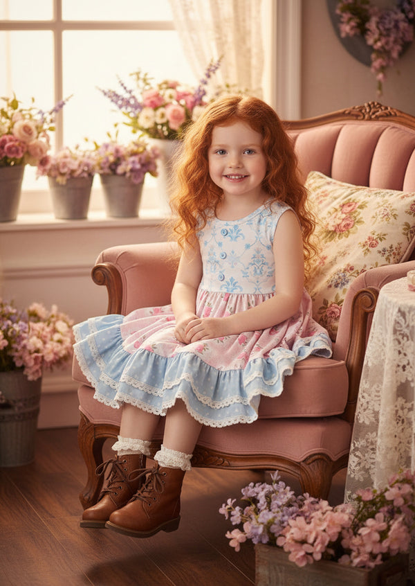 Maribelle Dress — Cottage Pink Blue Florals and Dots