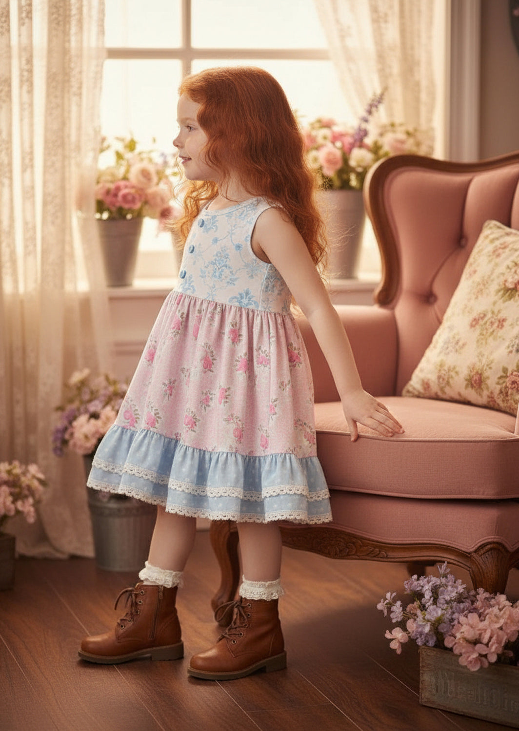 toddler twirl dress for everyday wear in pink and blue floral print