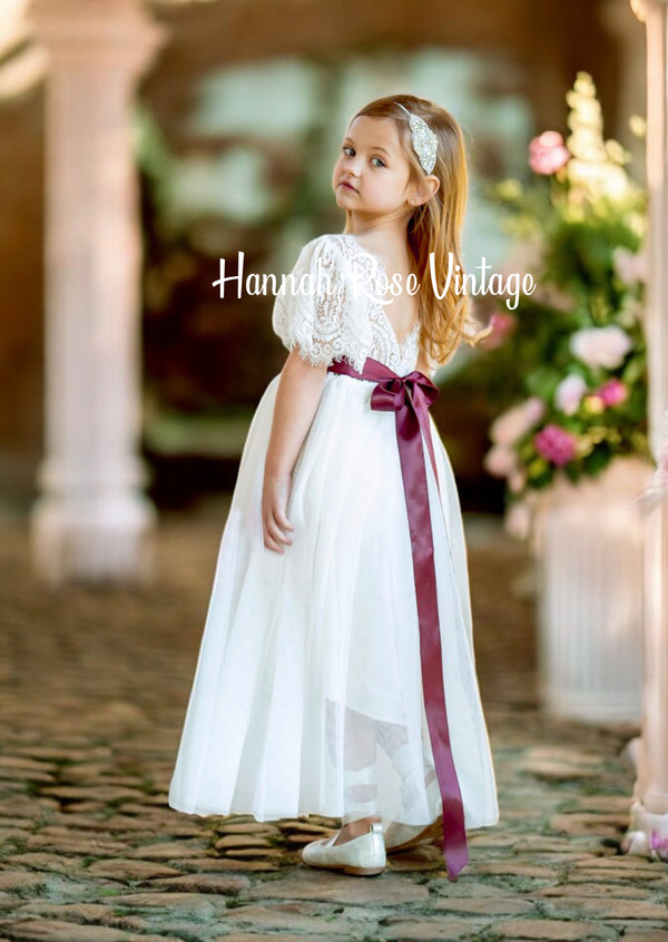 White Short Sleeve Flower Girl Dresses