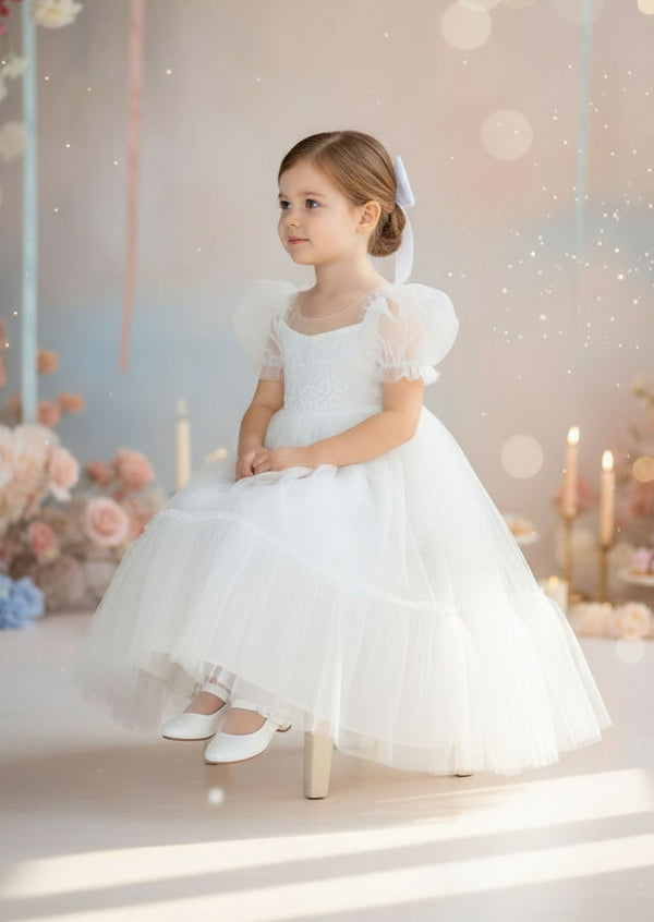 Victoria Sweetheart Neckline Flower Girl Baptism Dress White & Ivory