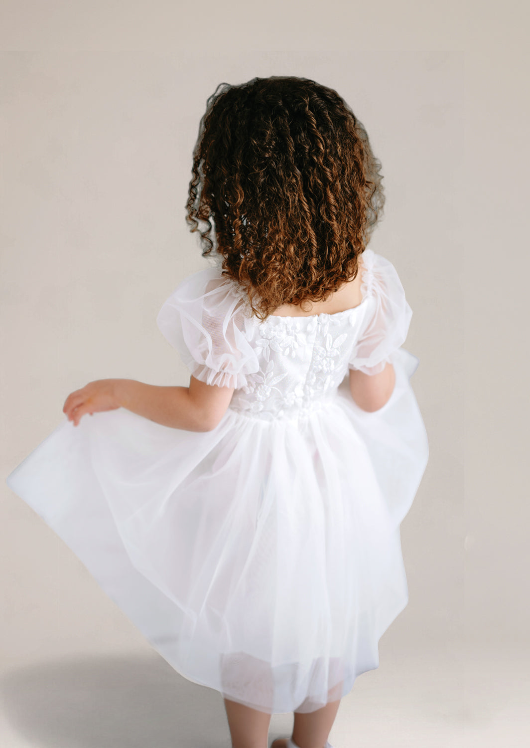 white lace and tulle flower girl dress