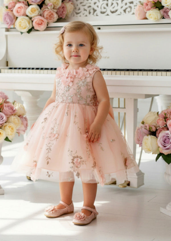 Mia Belle Blush Dress  3D Floral Glitter Elegance