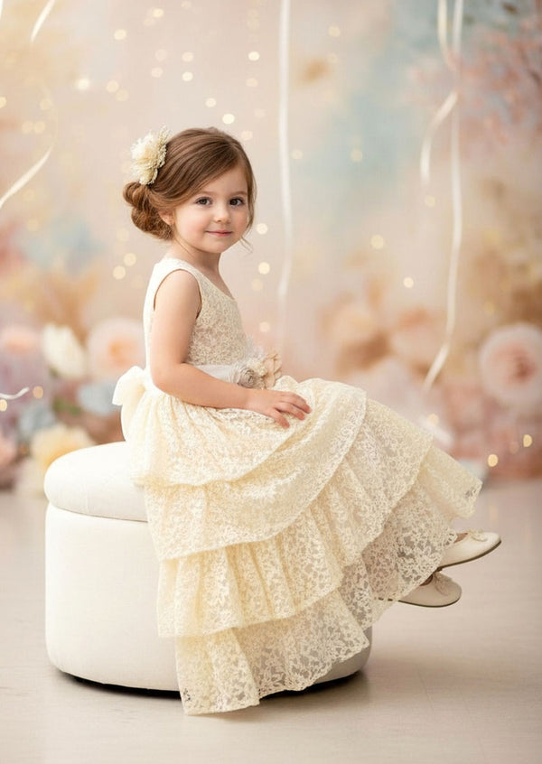 beige layered boho lace flower girl dresses for country wedding